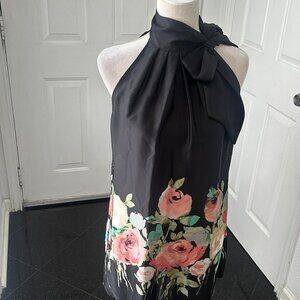 Sunny Leigh Womens Black Floral Halter Scarf Neck Tie Tunic Top Size M